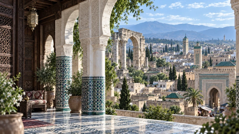 Editorial evocation of Moroccan historical architecture: a cedar arcade opens towards Roman, imperial and medina references.