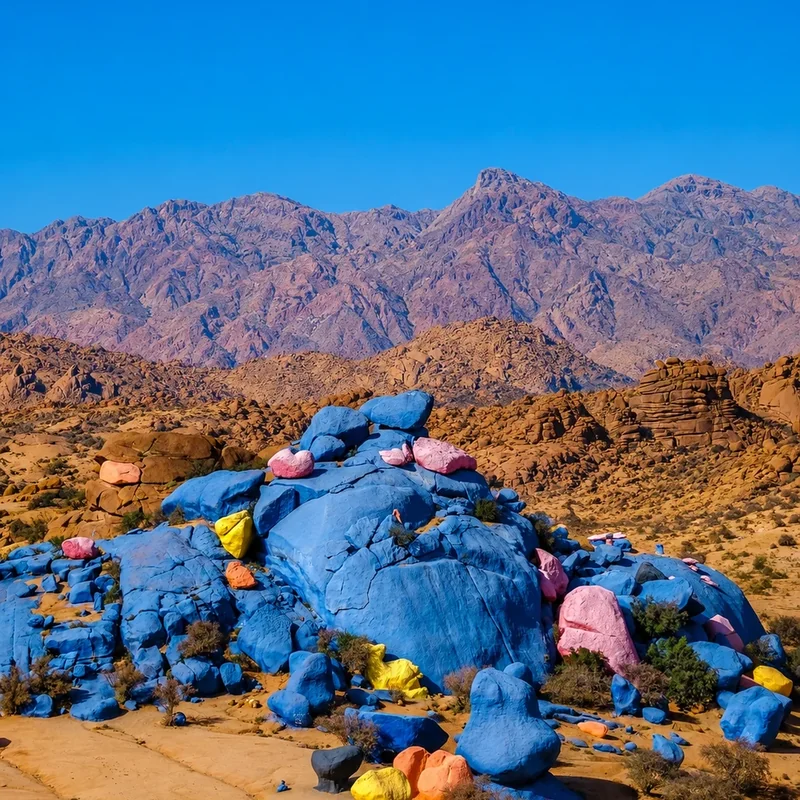 Painted blue rocks with mountains behind near Tafraout.