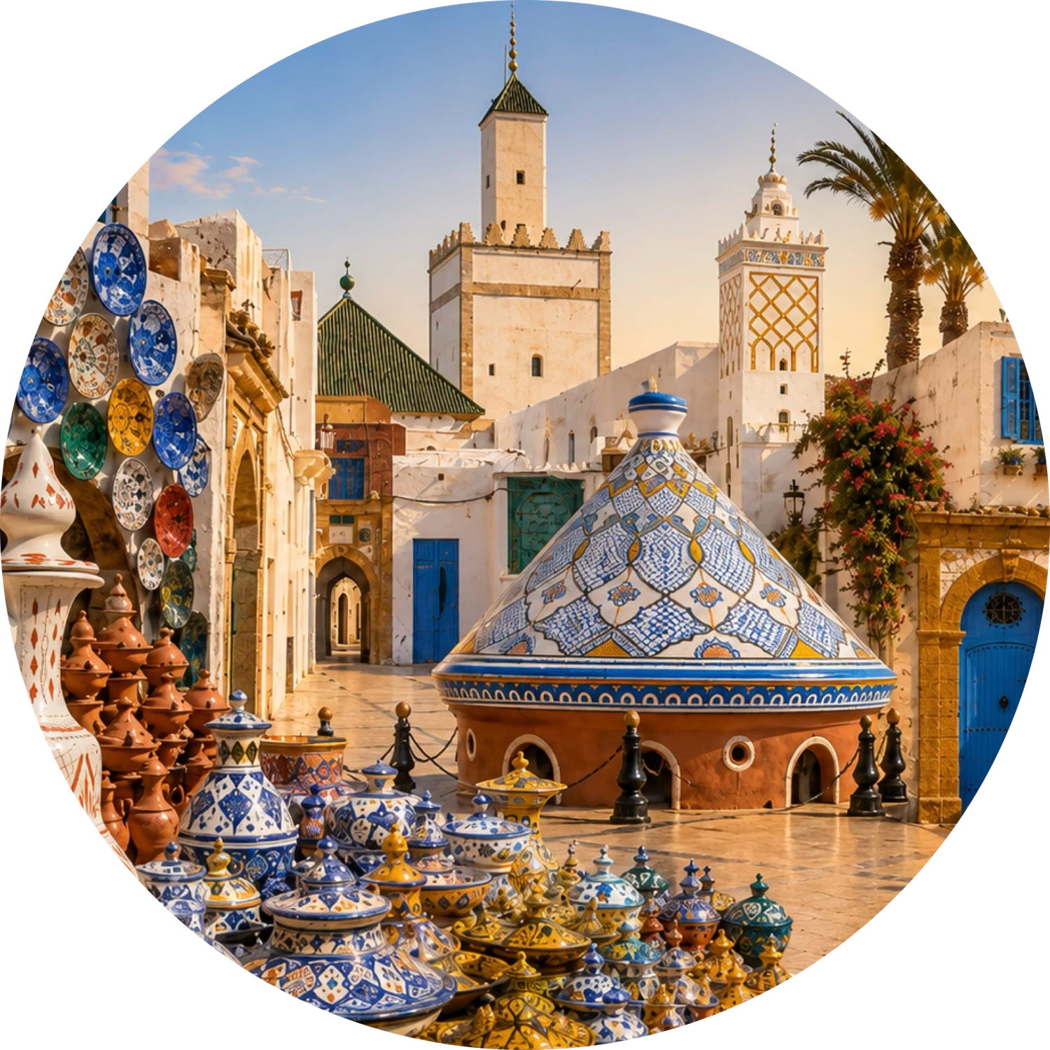 Moroccan city medina with ceramics, minarets and blue doors