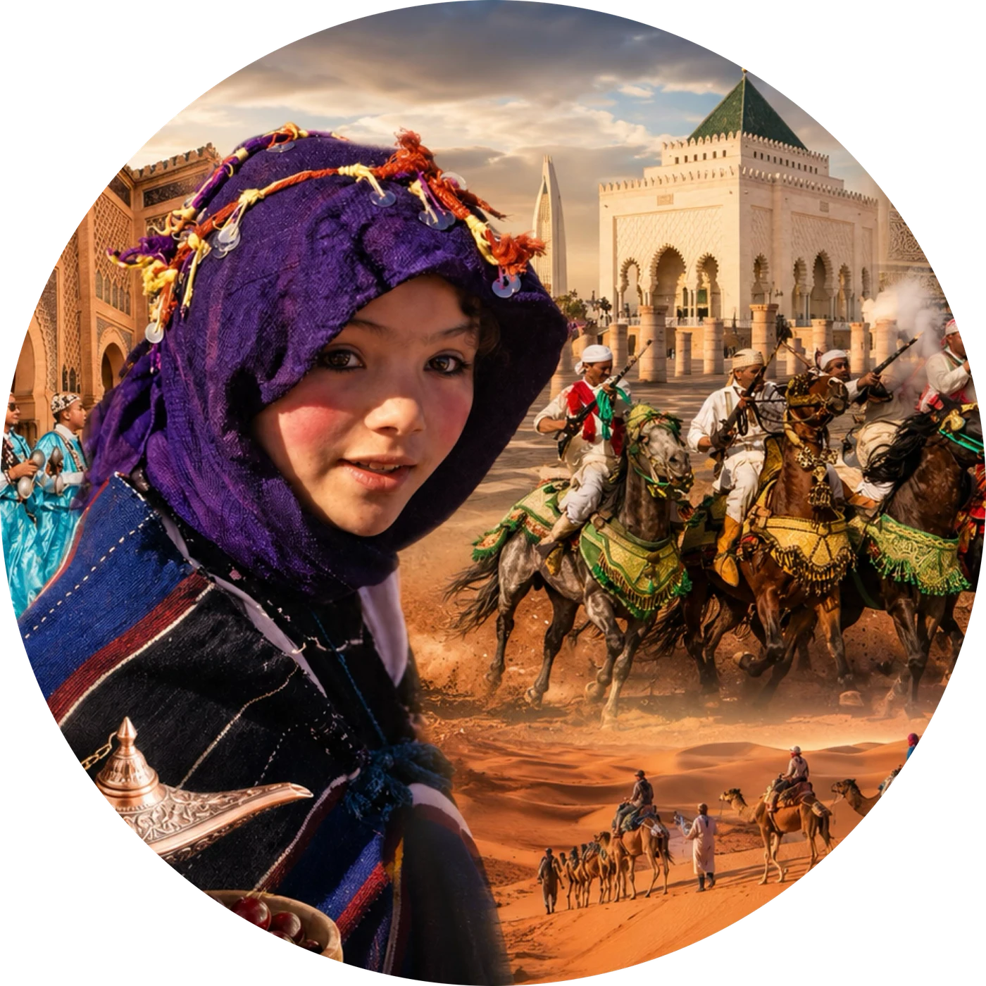 Moroccan event and festival atmosphere with horses and desert scenes