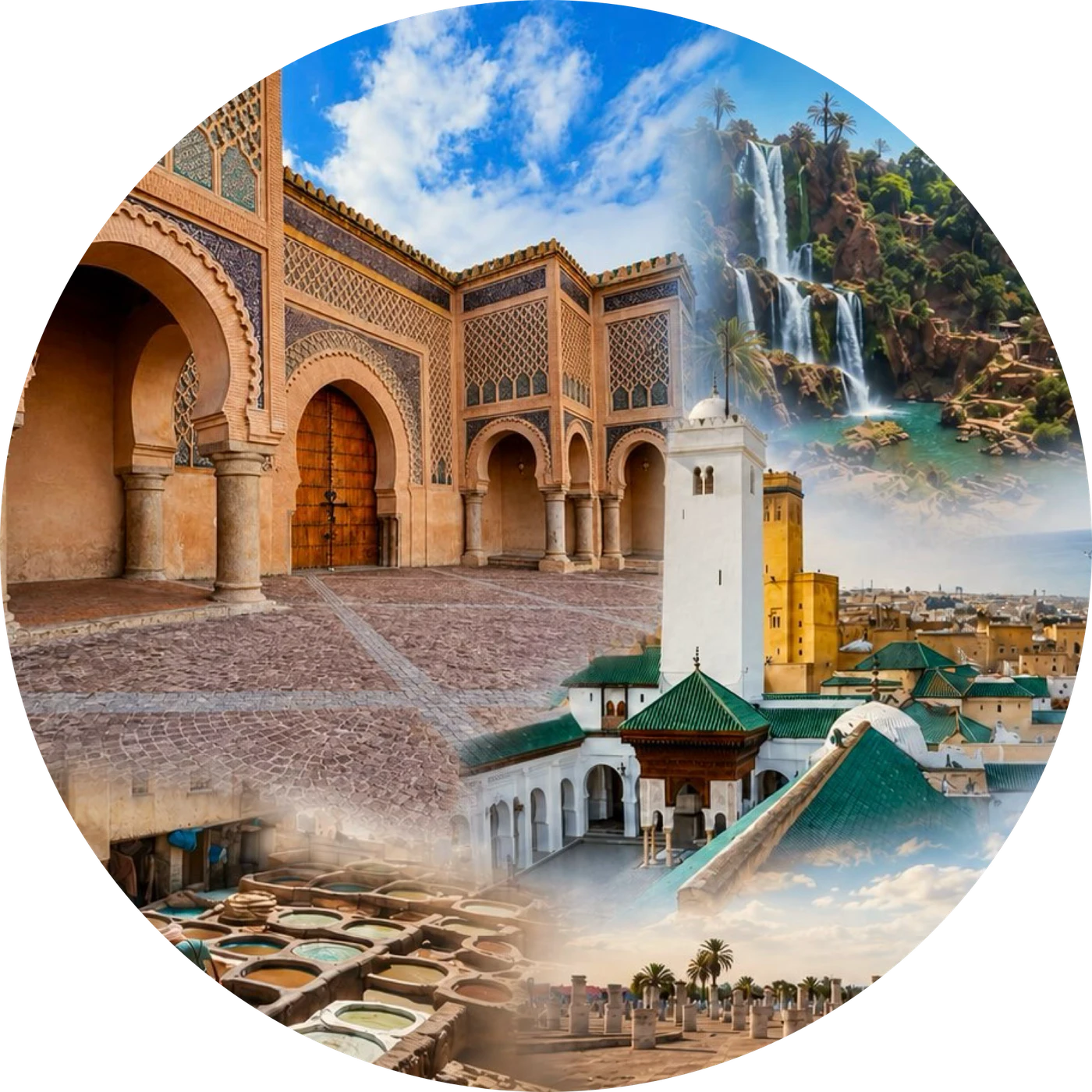 Morocco planning lens with medina landmarks, tanneries and waterfalls