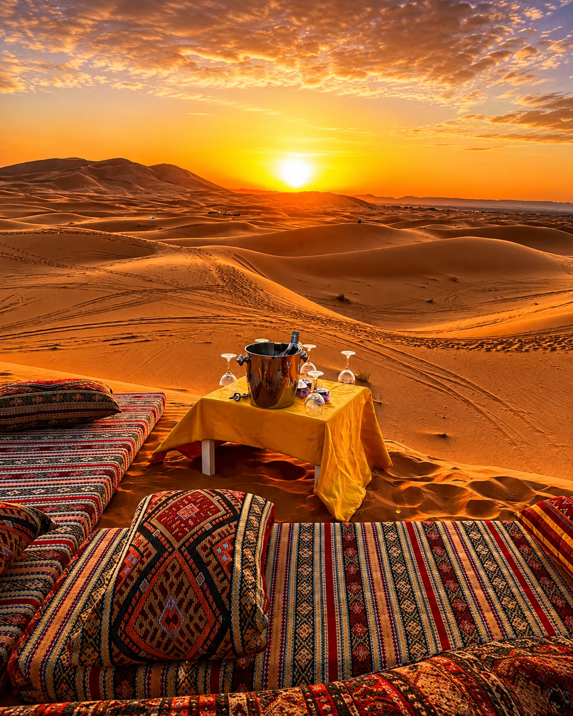 Moroccan Sahara Desert luxury sunset setup in the dunes