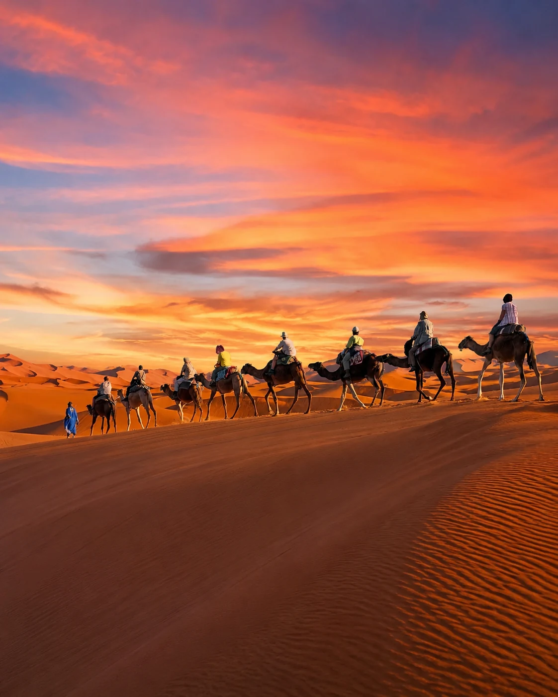 Sahara Gateway of Morocco — camel caravan crossing dunes at sunset