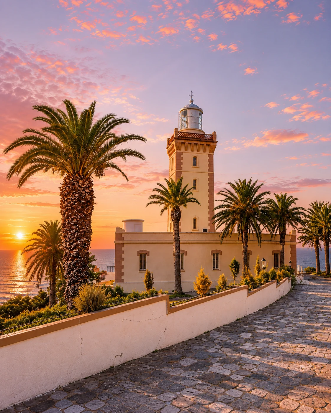 North Morocco and the Rif — coastal lighthouse and palm trees at sunset