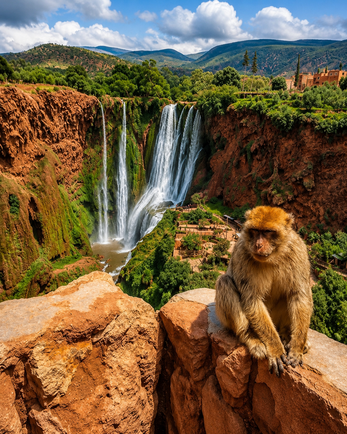 Azilal waterfall valley with Barbary macaque