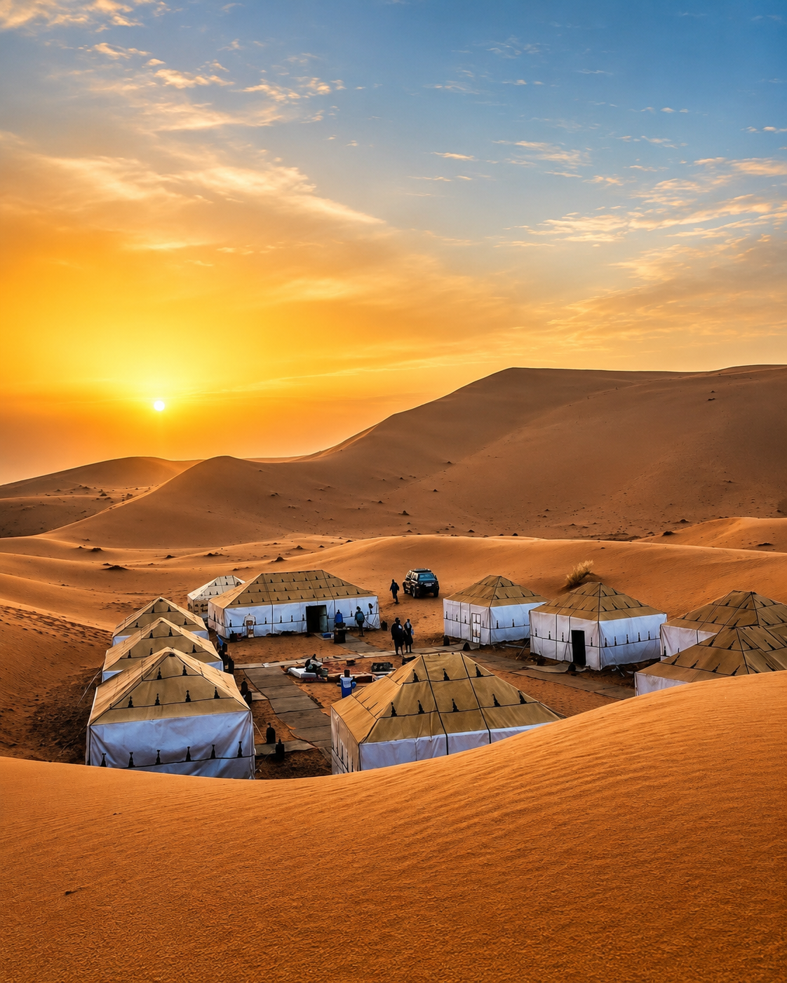 Merzouga Sahara camp at sunset in Morocco