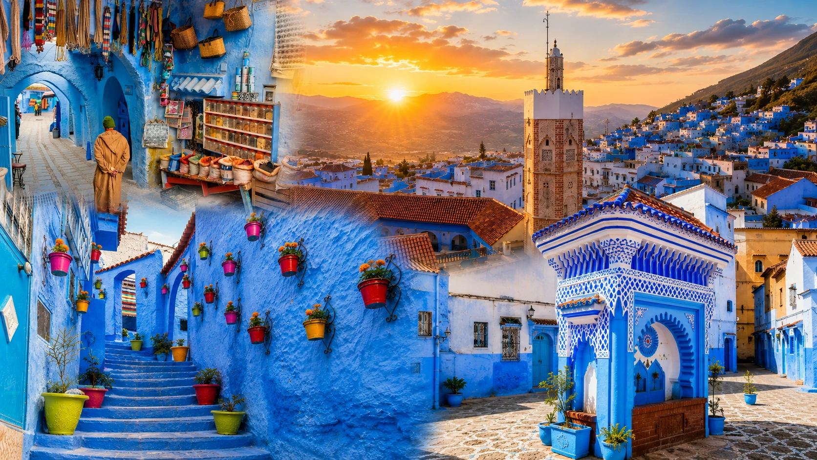 Chefchaouen blue medina, mountain skyline and sunset panorama