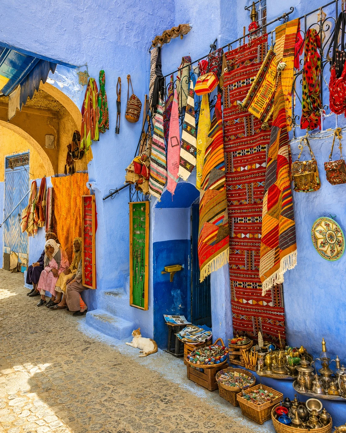 Chefchaouen blue medina lane with craft and local life
