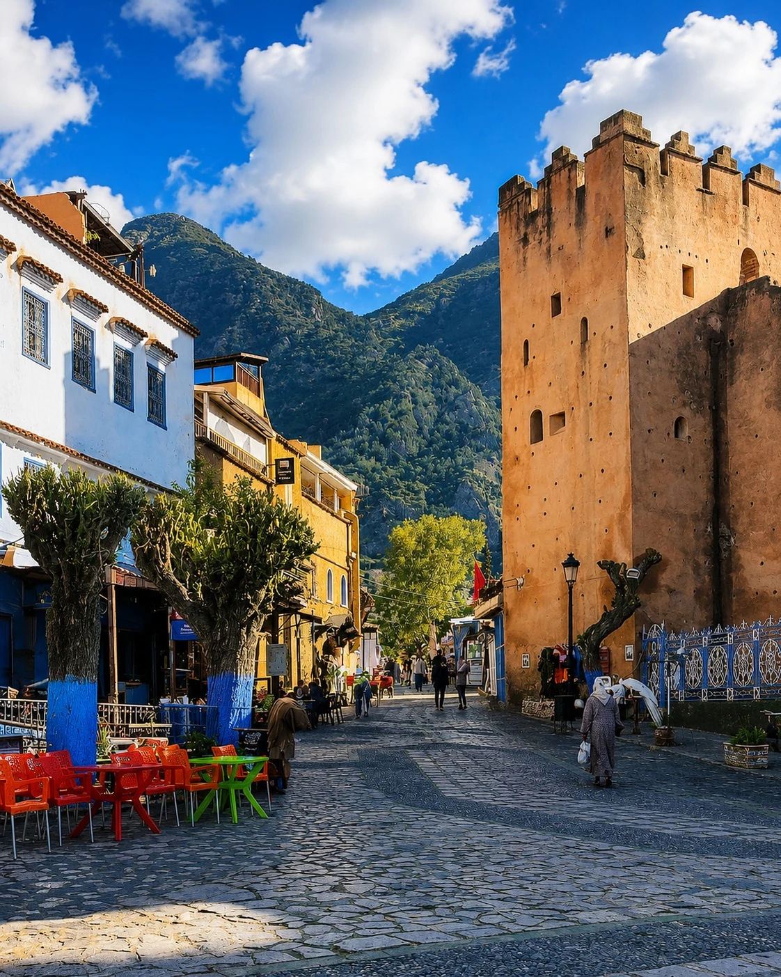 Chefchaouen Kasbah and plaza beneath the Rif