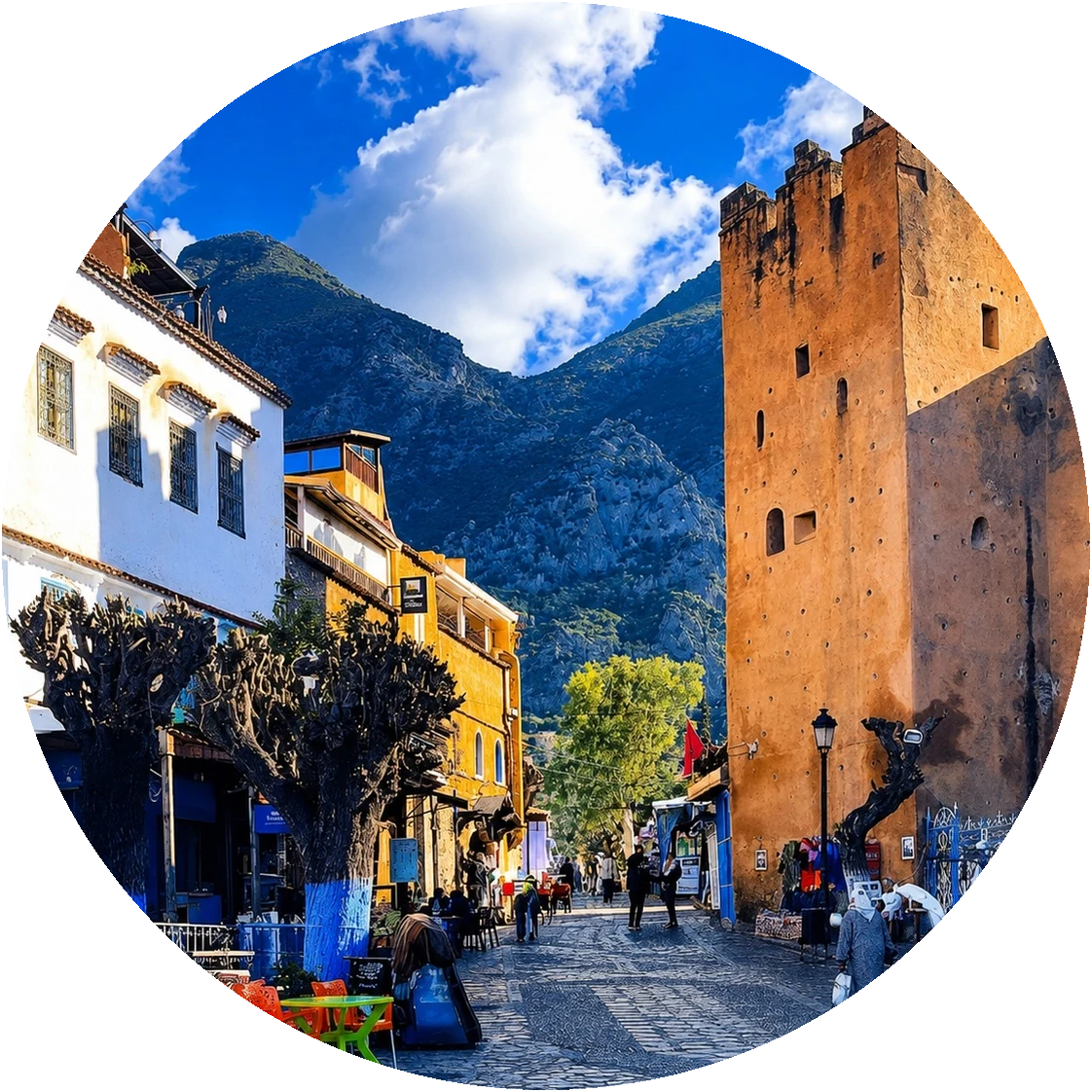 Circular view of Chefchaouen Kasbah, square and Rif mountains
