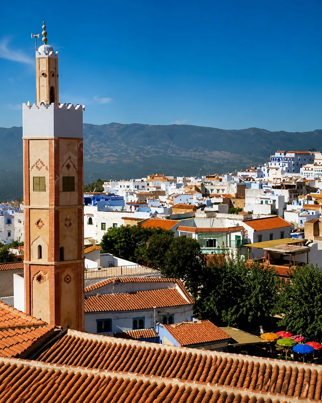 Chefchaouen Grand Mosque minaret and skyline