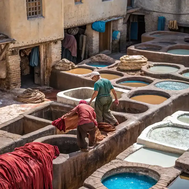 Working dye vats at Chouara Tanneries in Fez