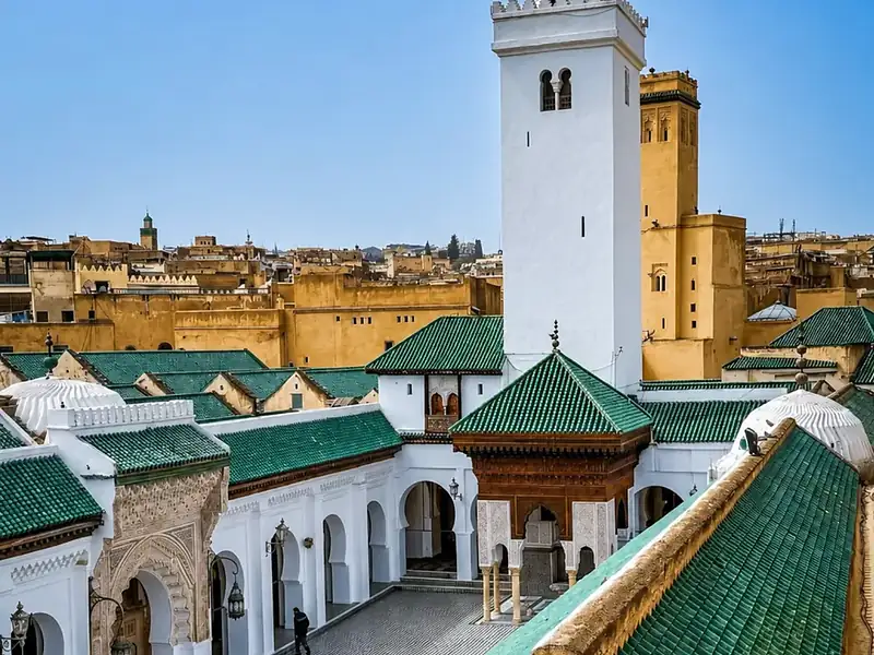 Green-tiled religious roofscape in Fes el-Bali