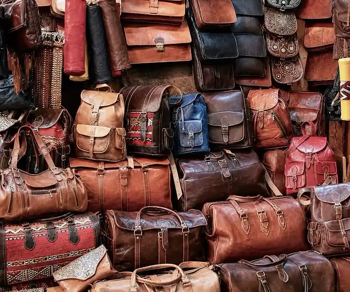 Leather bags displayed in Fez