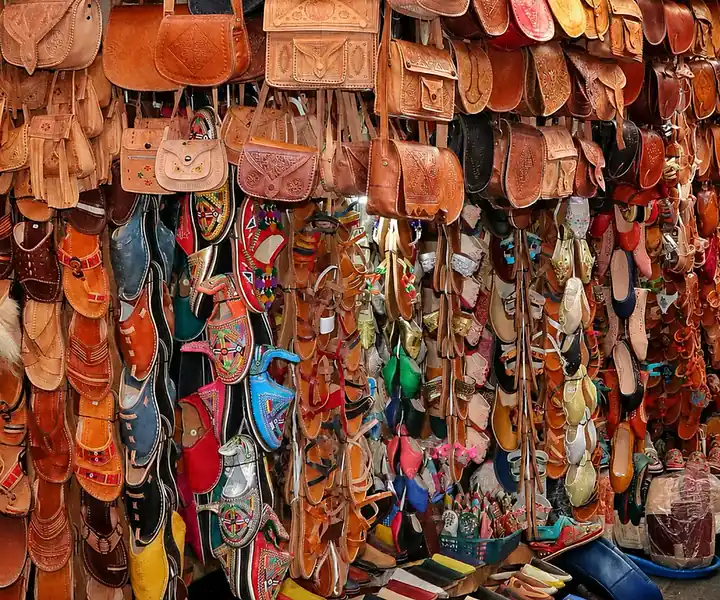 Leather slippers and bags in a Fez market
