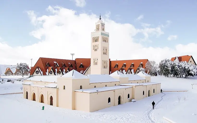 Al Akhawayn University mosque in Ifrane under snow