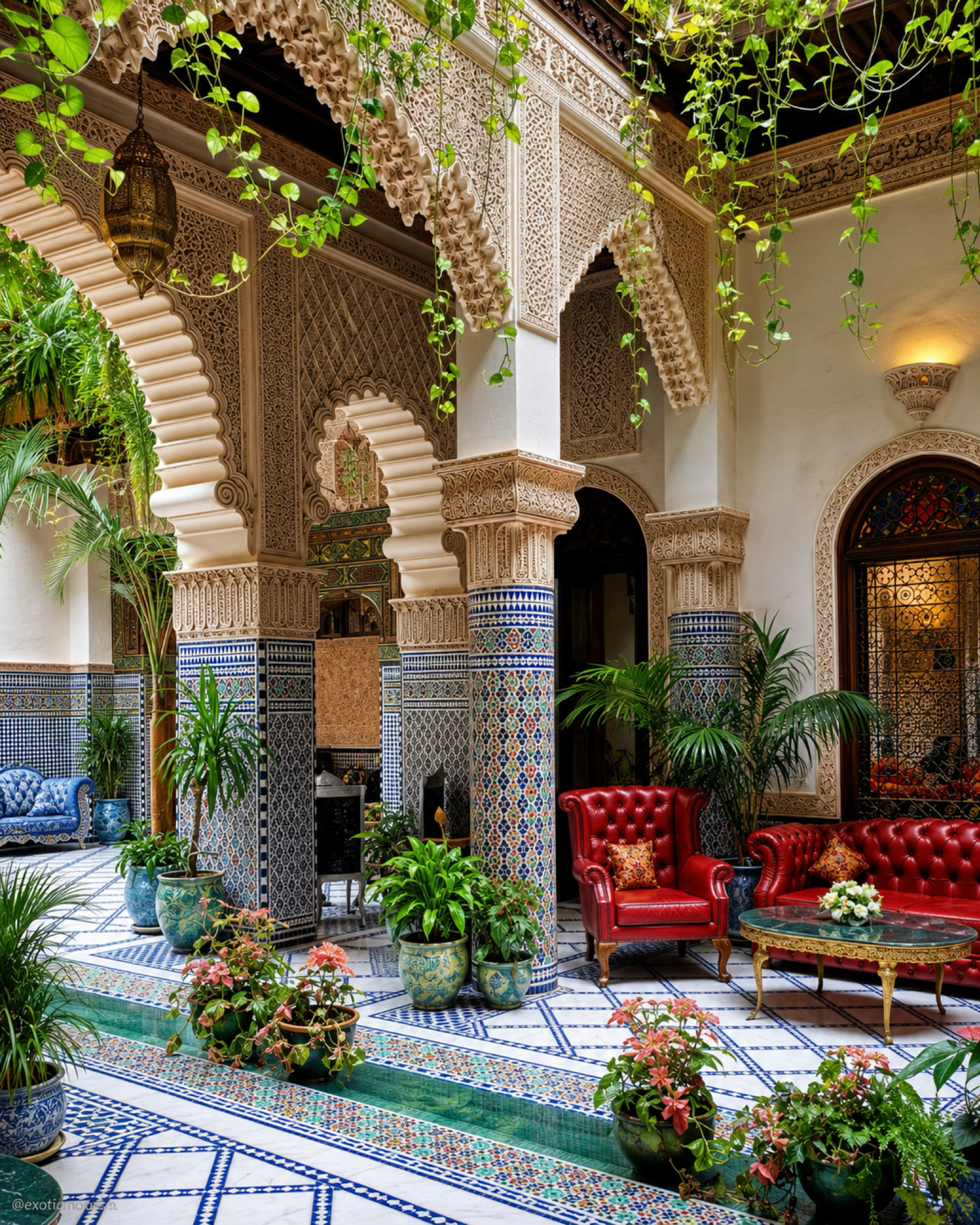 Traditional riad courtyard in Fez with carved arches, zellij and seating