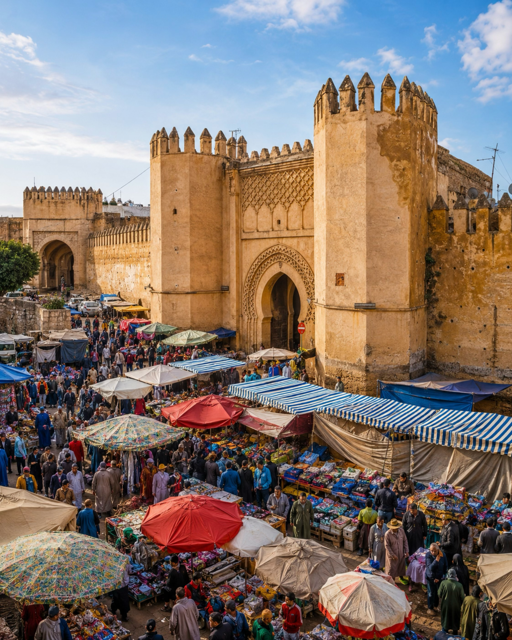 Busy market scene beside the historic gates and walls of Fez