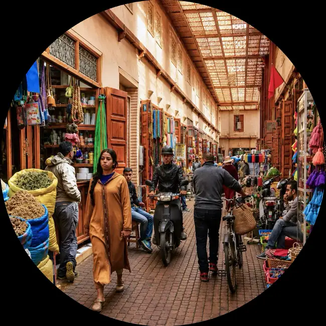 A covered commercial street in the medina of Marrakech