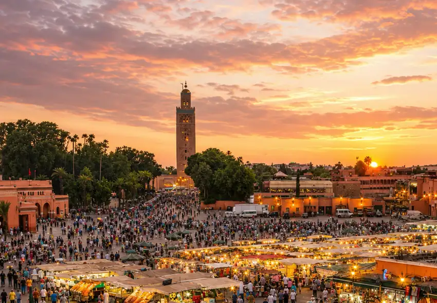 Jemaa el-Fna and the Koutoubia at sunset