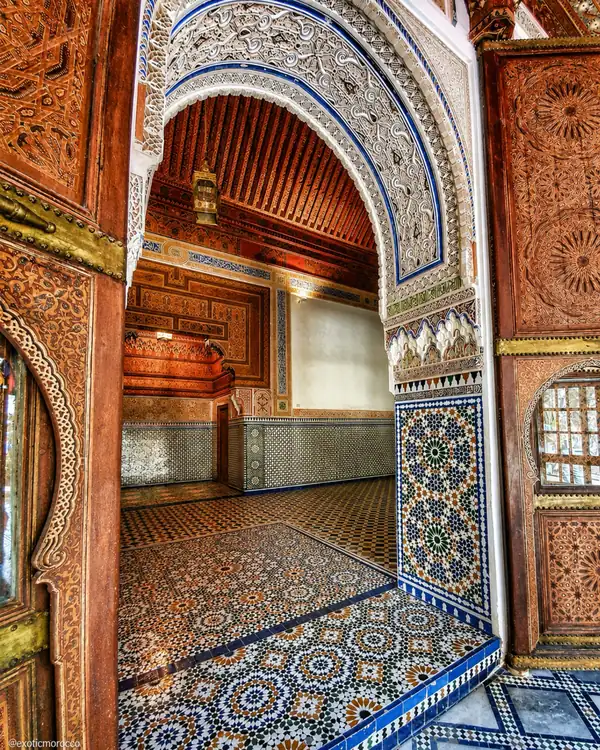 Carved wood, stucco and zellige in a Marrakech palace interior