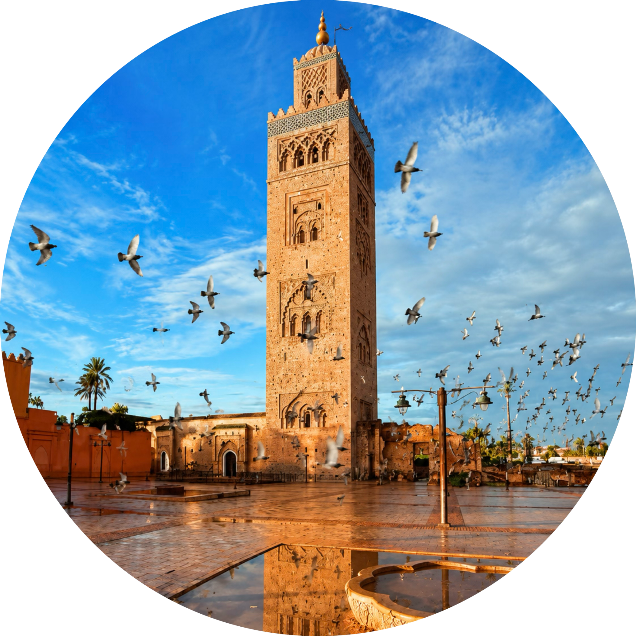 Circular view of the Koutoubia minaret and mosque square in Marrakech