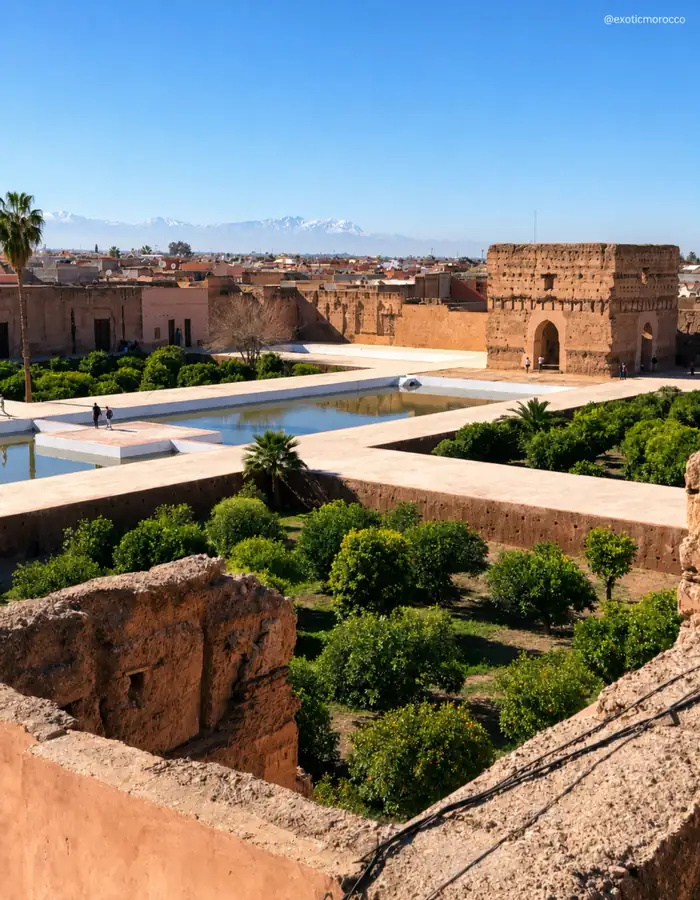 El Badi Palace with the Marrakech skyline and Atlas beyond