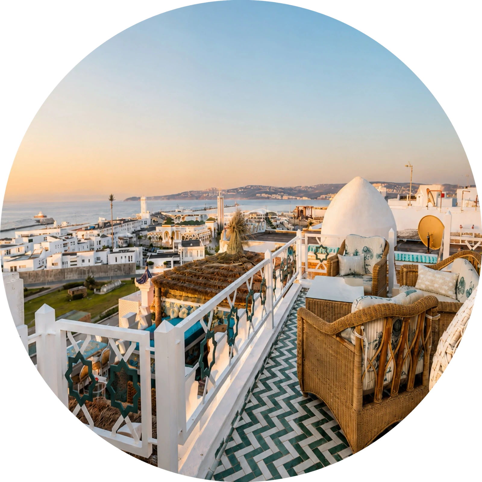 Rooftop terrace overlooking Tangier and its bay