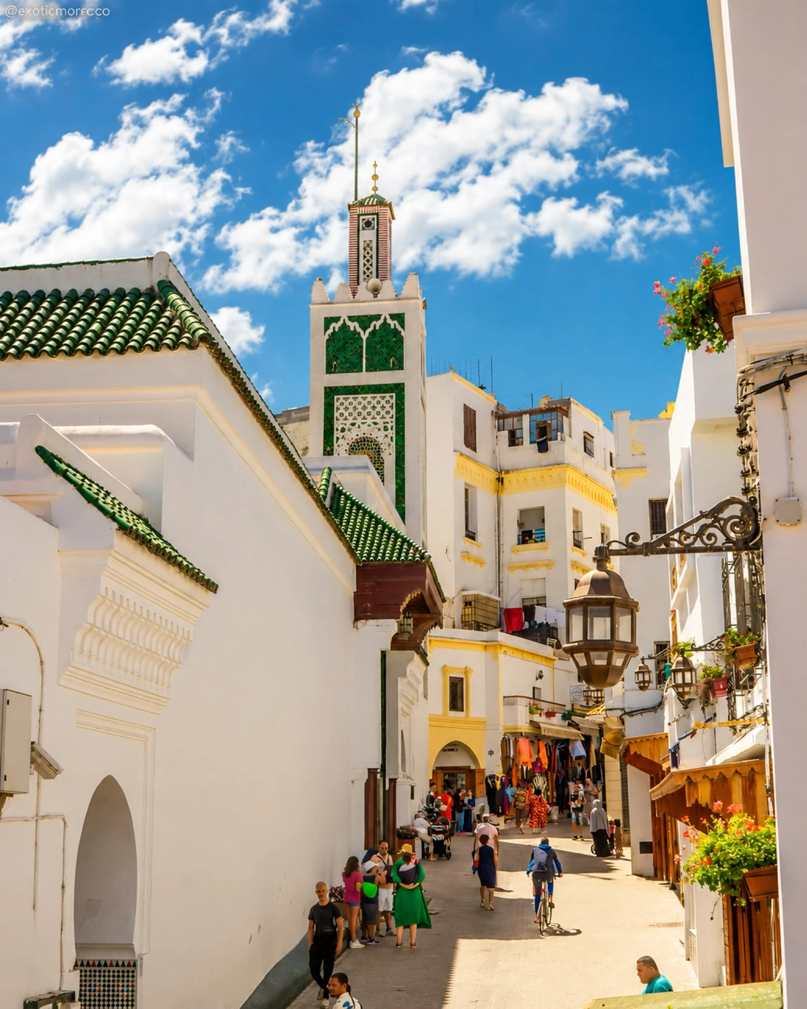 Medina street and mosque minaret in Tangier