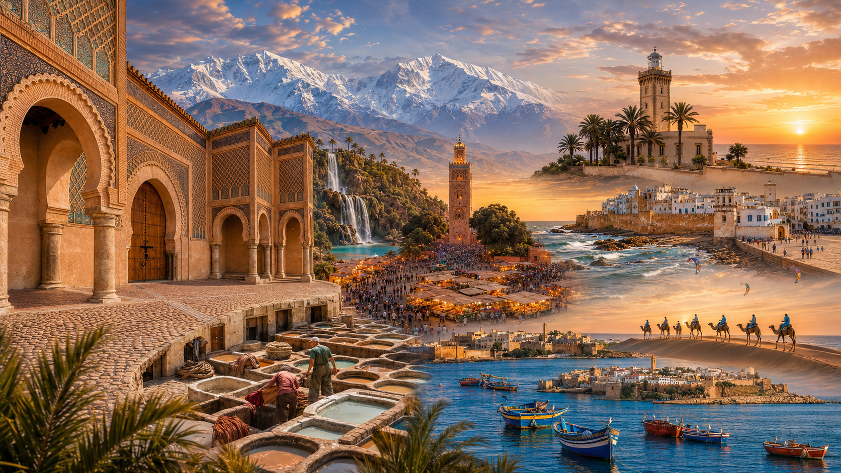 Sharp panoramic collage of Moroccan regions with imperial architecture, Atlas mountains, waterfalls, a minaret, Atlantic coast, medina, tanneries, harbor boats and a Sahara caravan at sunset