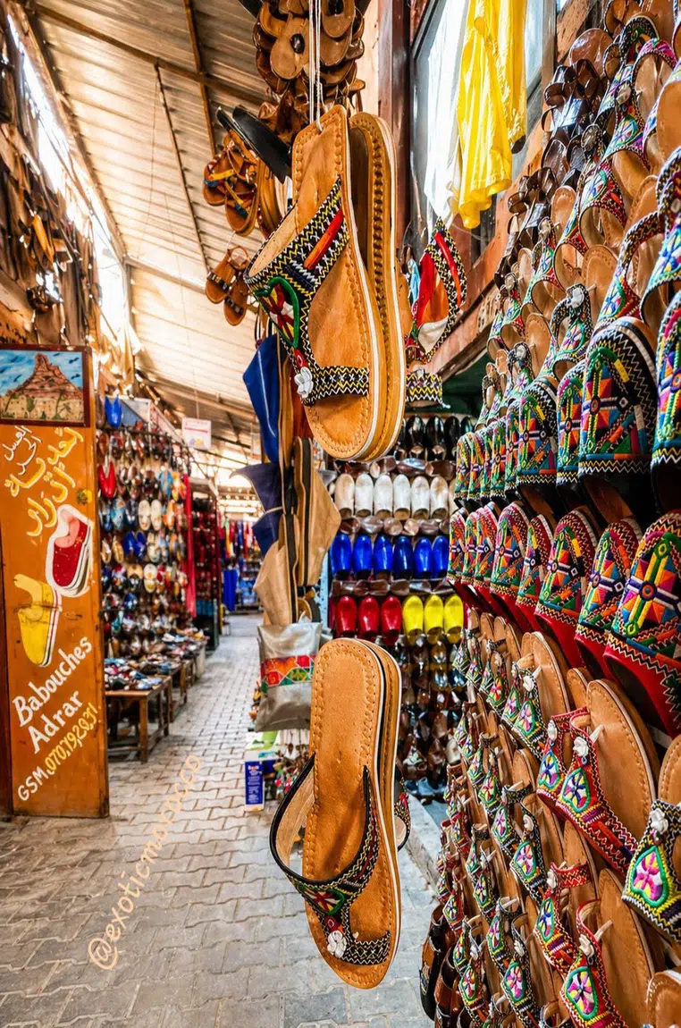 Colourful babouches and souk stalls in Morocco