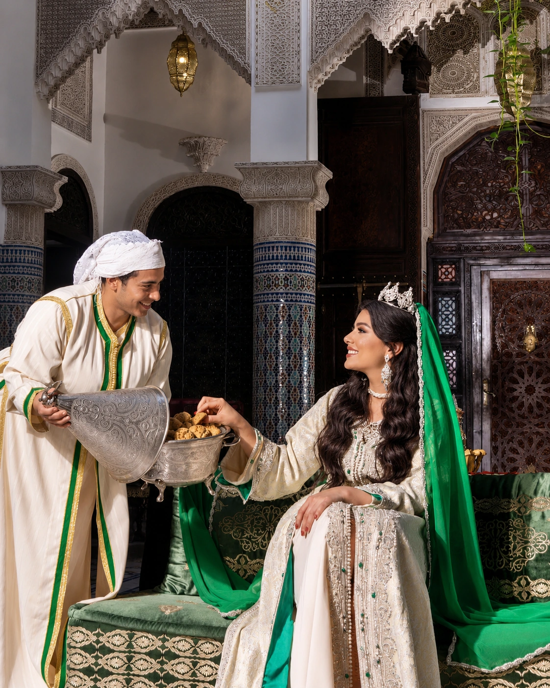 Moroccan ceremonial dress with a caftan and jabador in an ornate riad