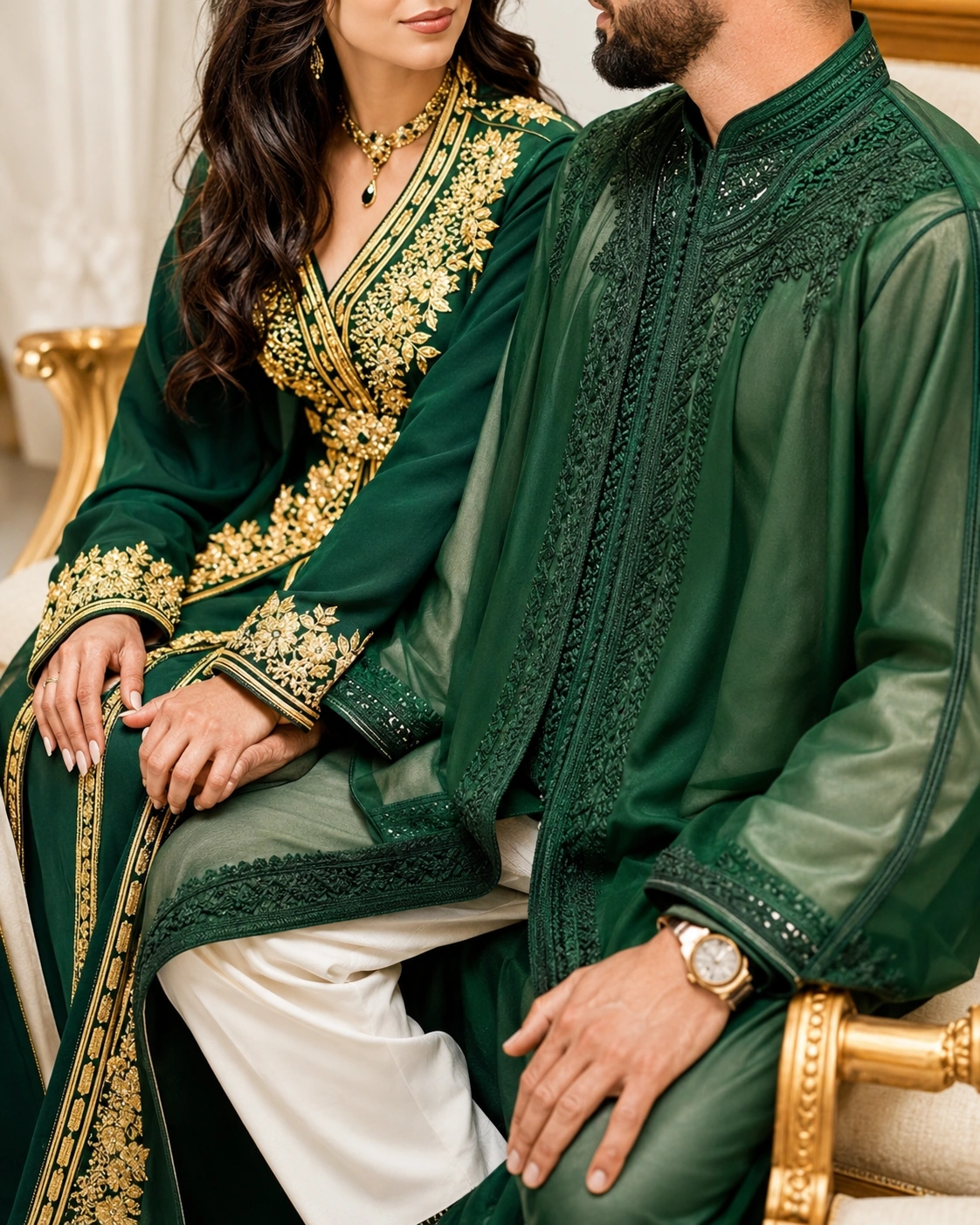 Emerald Moroccan caftan and jabador with detailed gold embroidery