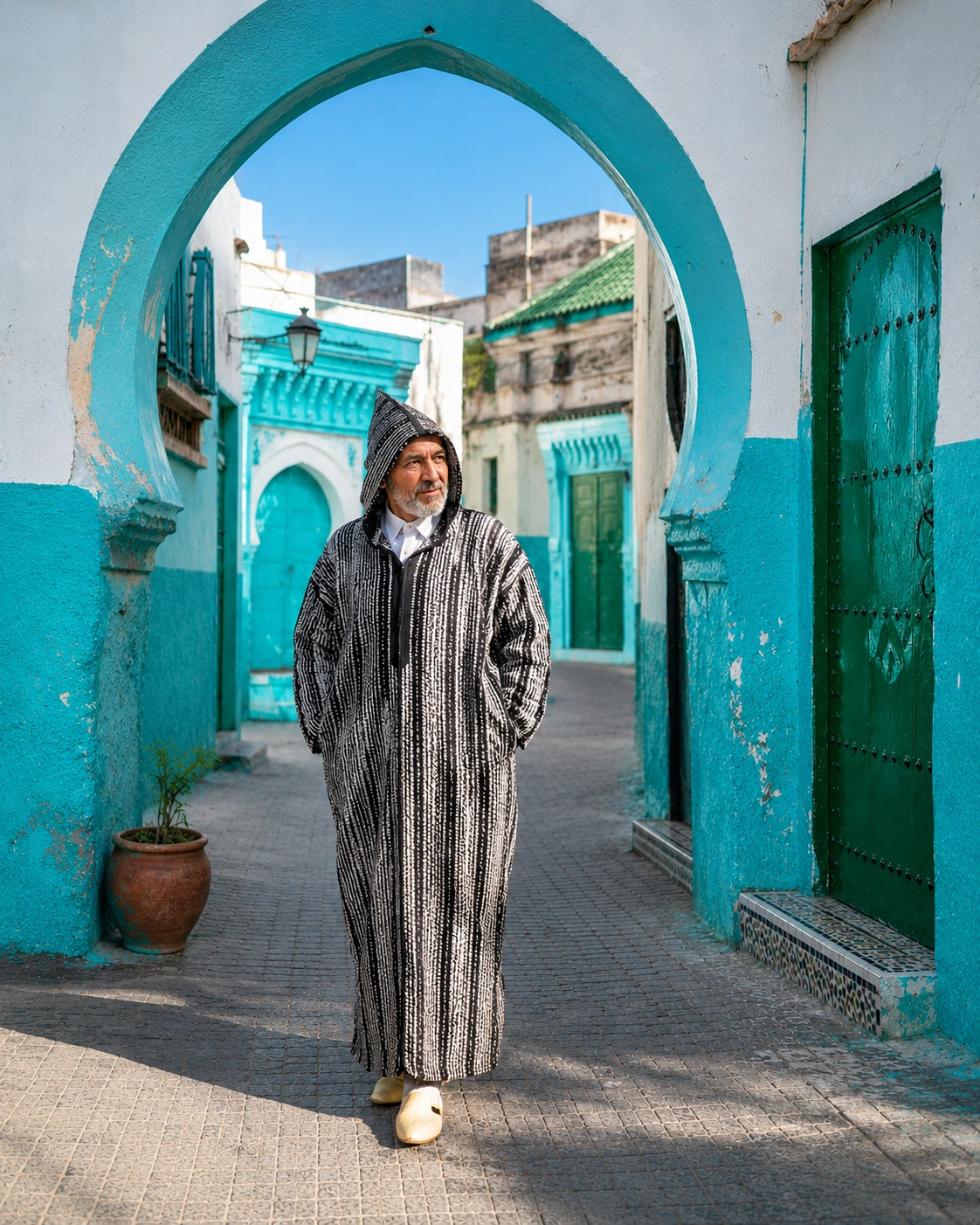 Moroccan djellaba worn in a blue medina street