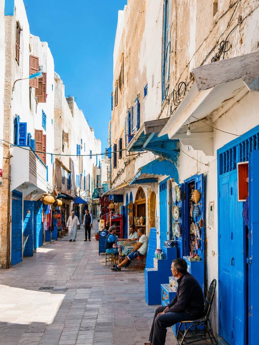 Essaouira medina street with blue doors and market life
