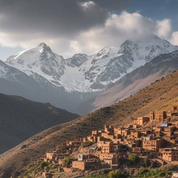 High Atlas mountain village and terraced fields