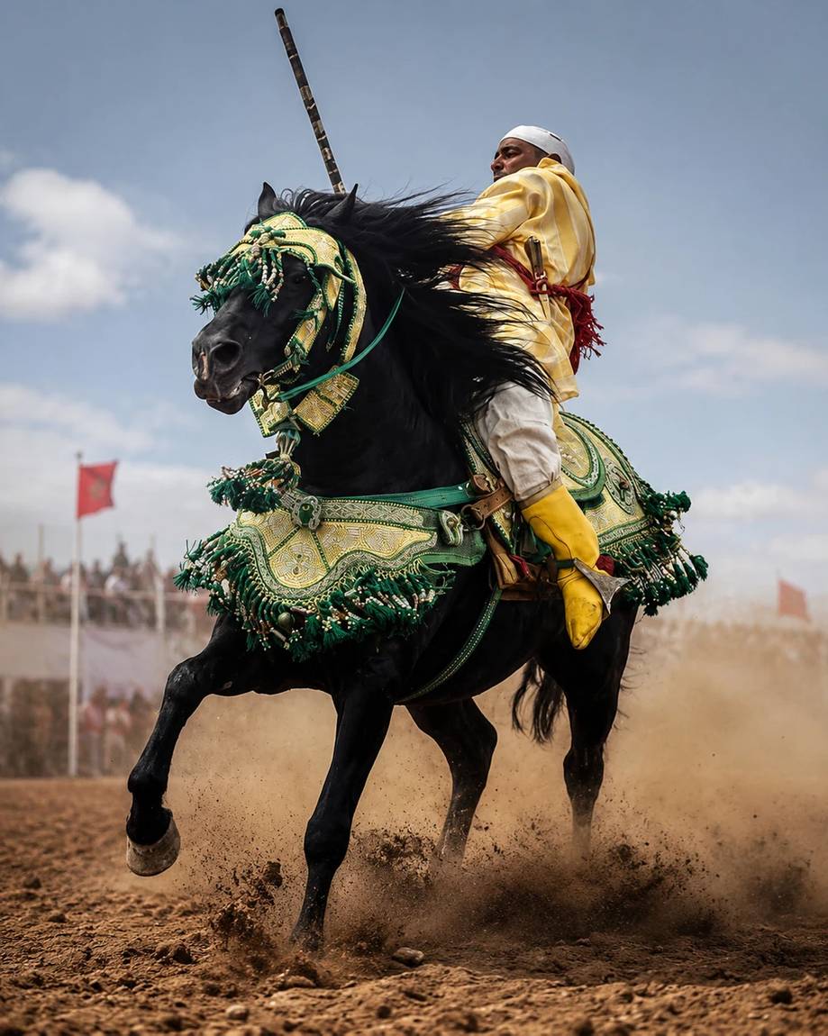 Moroccan fantasia horse rider at a moussem