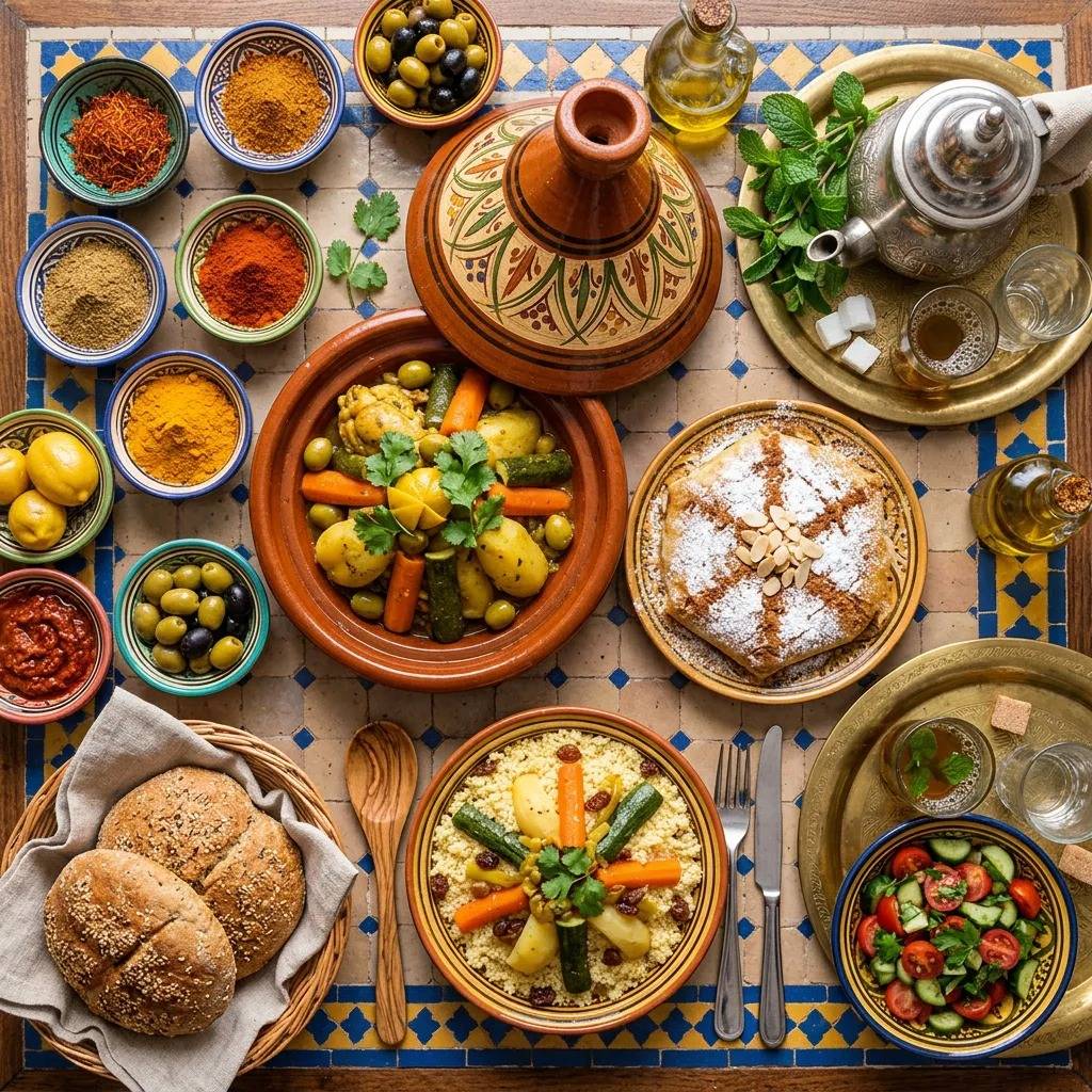 Moroccan food culture spread with tagine, couscous, breads, tea and spices