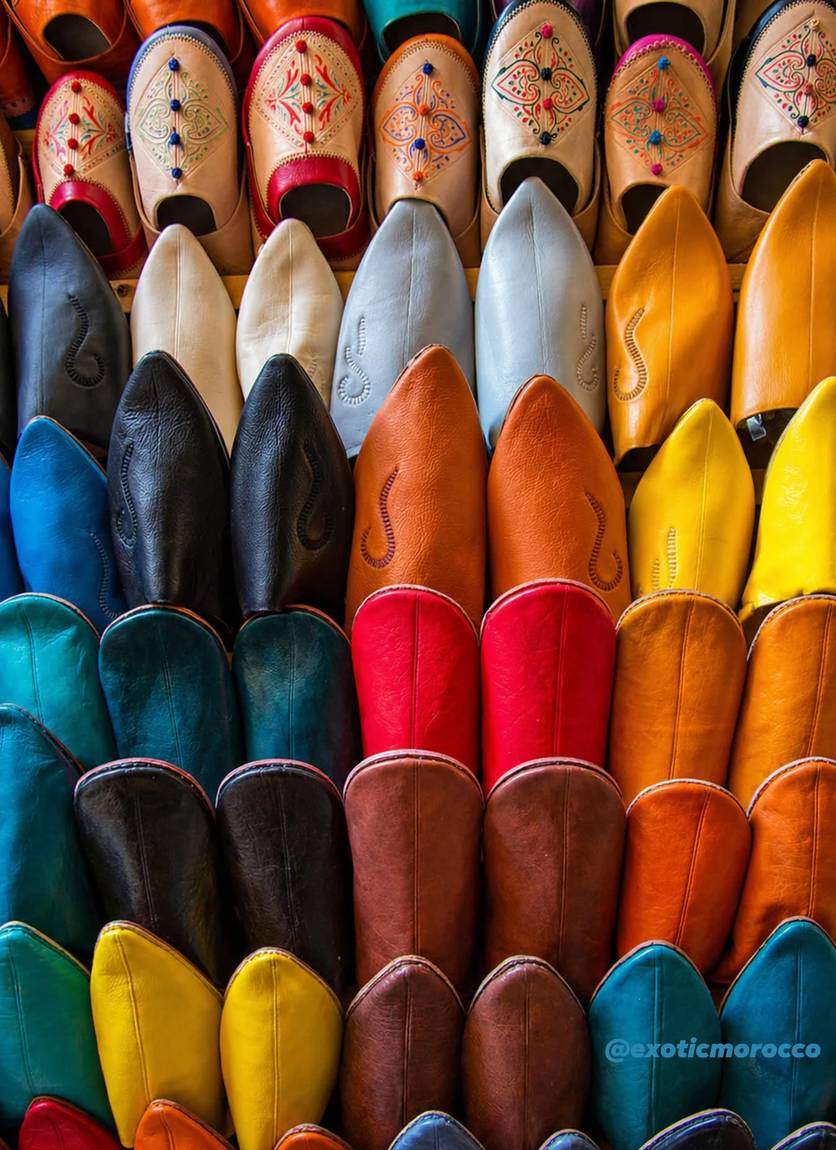 Moroccan leather babouches in bright colours