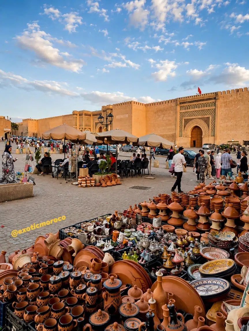 Moroccan medina square with pottery and souk atmosphere