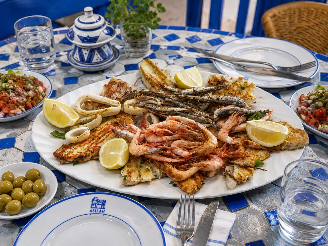 Moroccan seafood platter with shrimp, crab, calamari and lemon on a blue mosaic table