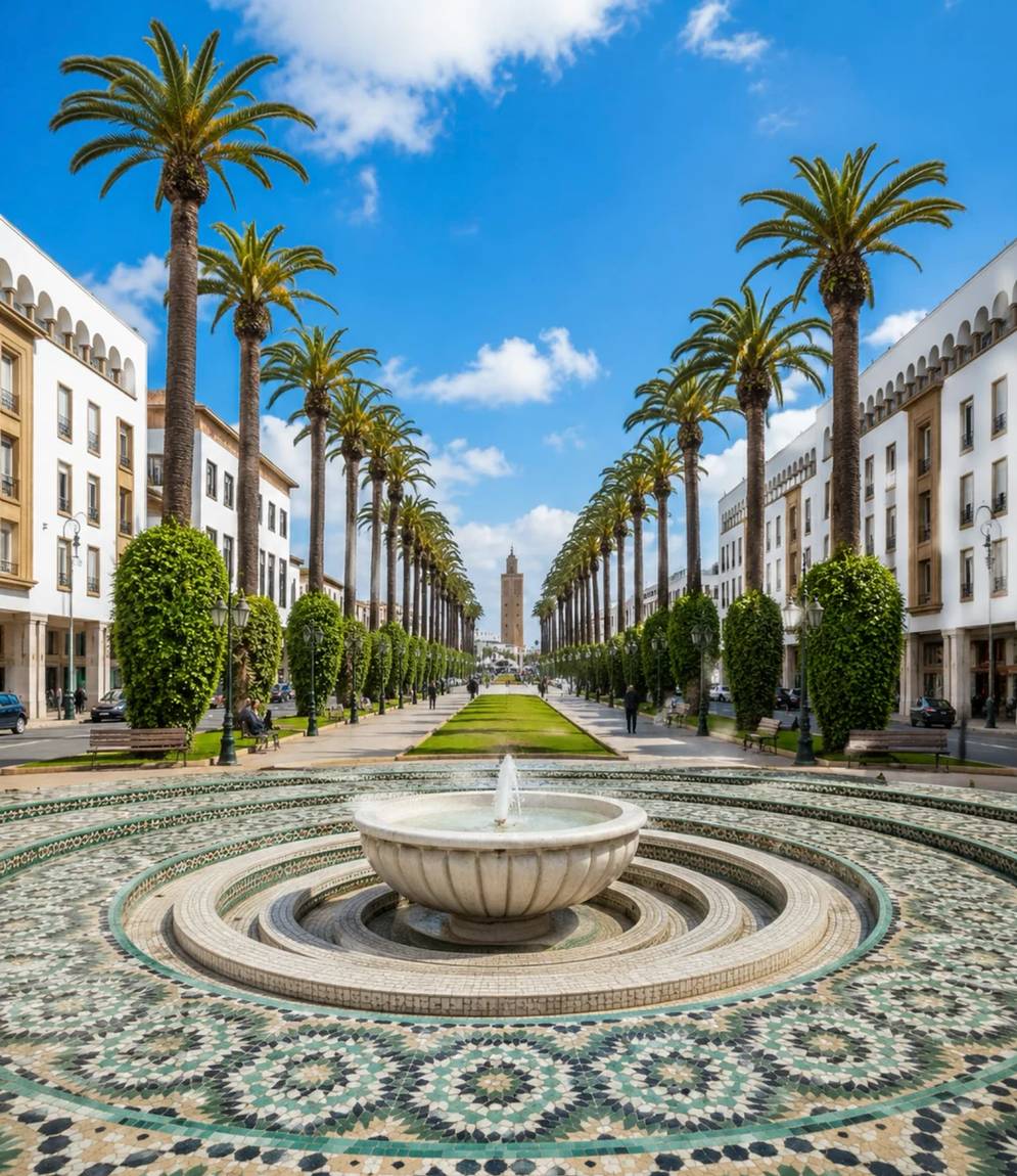 Rabat avenue with palms and fountain