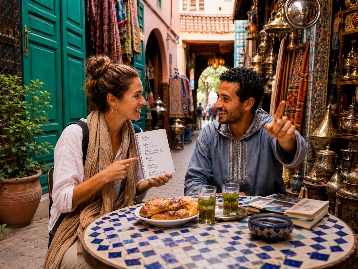 Traveller learning Darija with a local in a Moroccan market