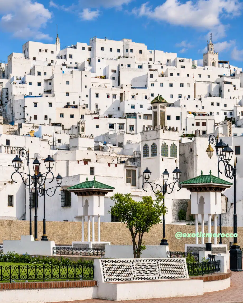 White city hillside and open square in northern Morocco