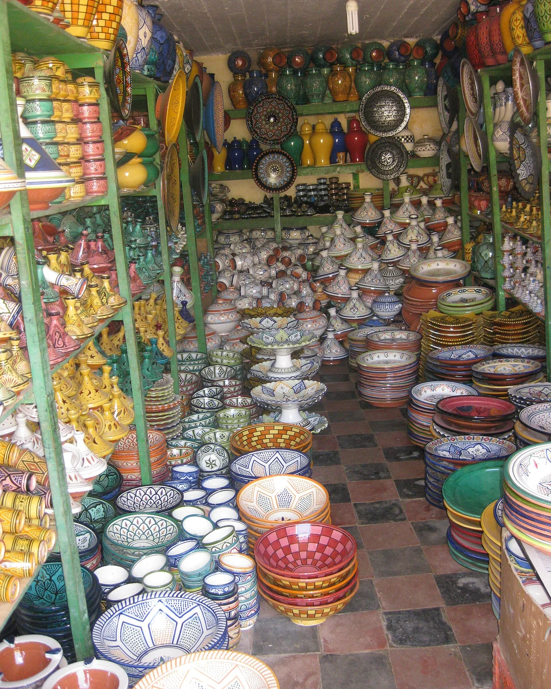 A pottery shop in Safi: the finished display follows many stages of work.