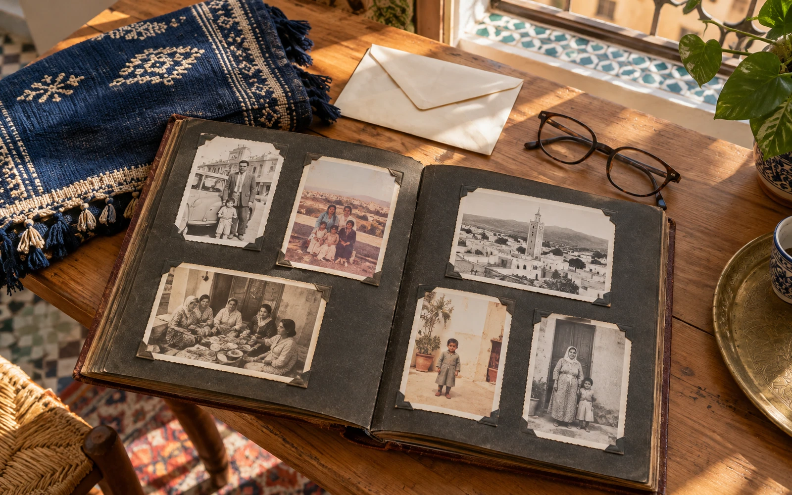 An imagined family archive: objects and photographs can open a conversation. Editorial illustration, not historical evidence.