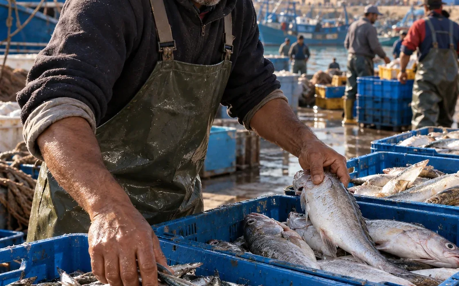 Fish handling at a working harbour: food culture begins with skilled work. Editorial illustration.