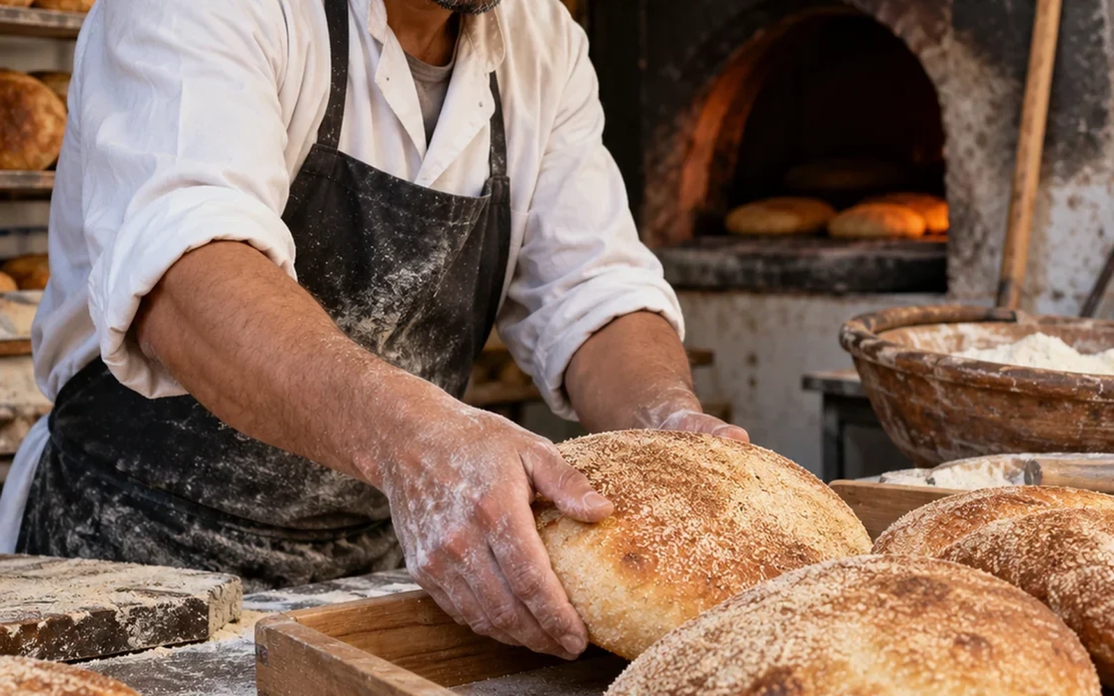 A baker concentrates on his work: wait for a natural opening. Editorial illustration.