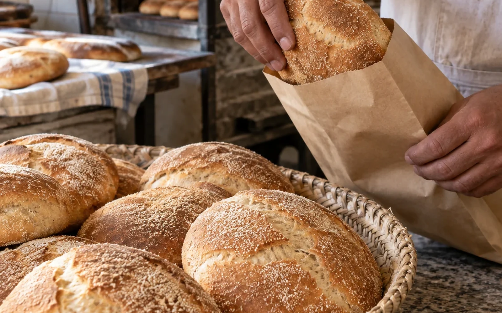 Buying bread is an everyday exchange, not an automatic invitation to photograph. Editorial illustration.
