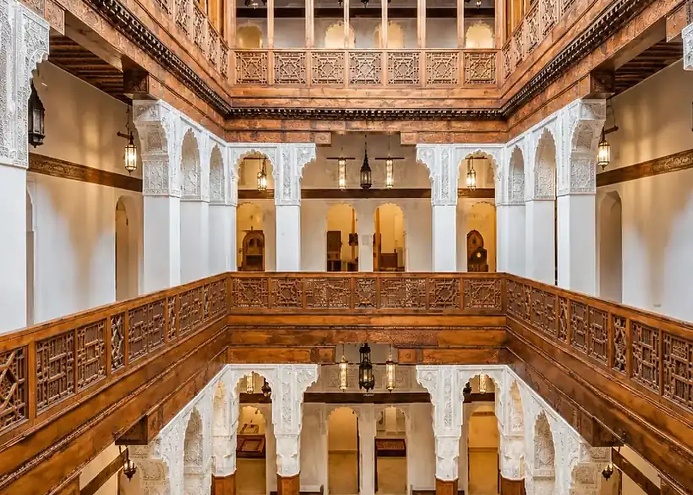 Timber galleries at the Nejjarine building in Fez.